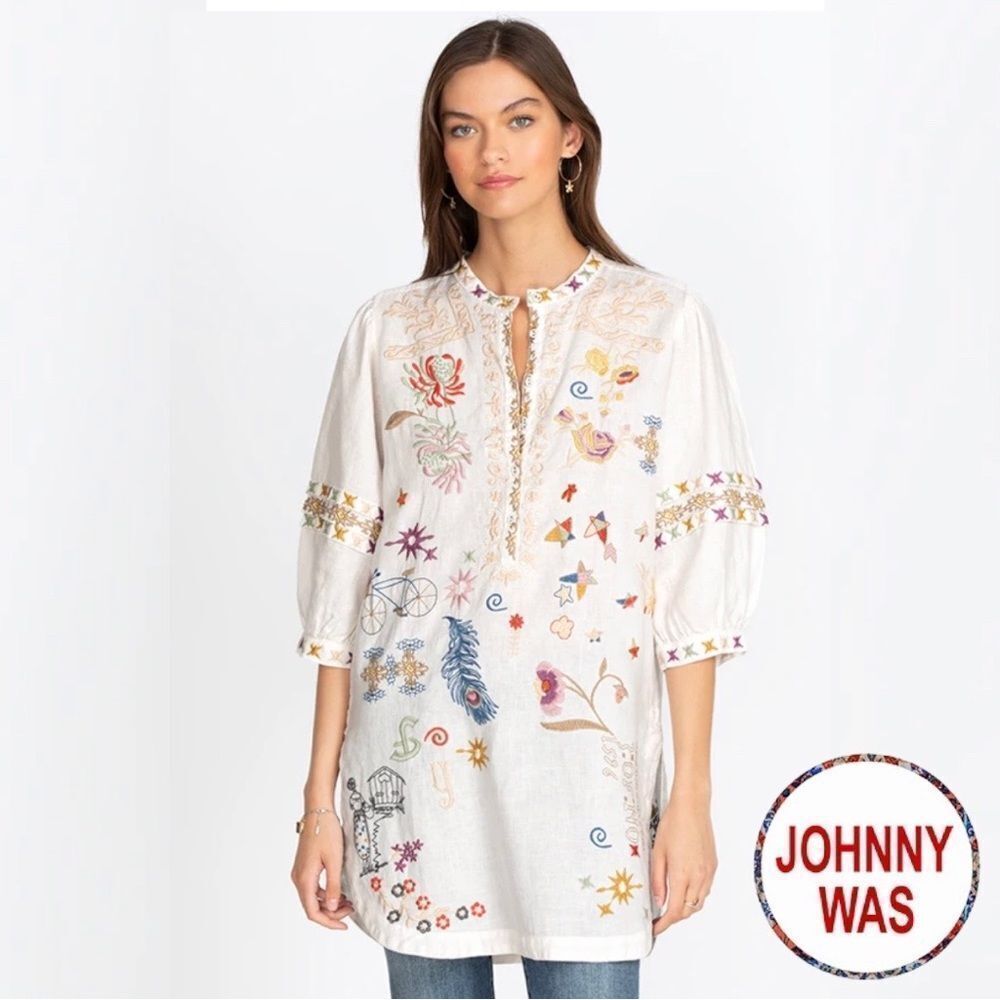 Johnny Was **NWT** Azusa Linen Tunic in Natural w/ Embroidery